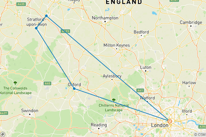 Map of 5 Day London, Oxford, Stratford And Warwick