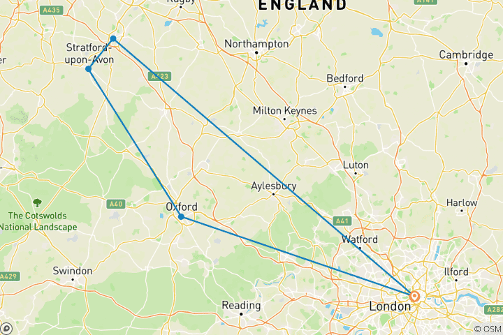 Mapa de 5 días Londres, Oxford, Stratford y Warwick