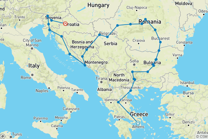 Mapa de De Atenas a Zagreb (74 destinations)