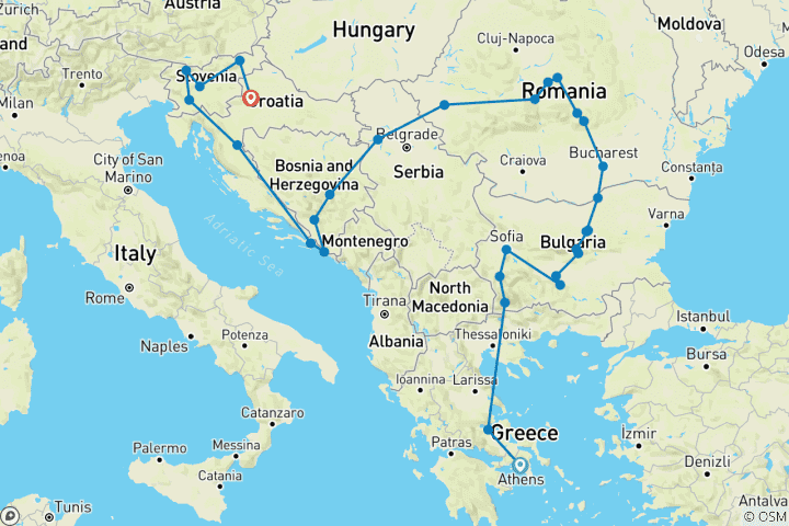 Map of From Athens to Zagreb (74 destinations)