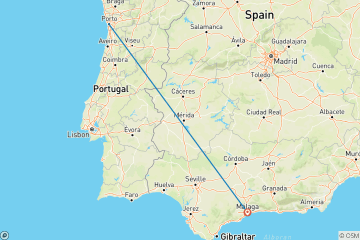 Map of 5 Day Porto And Malaga By Train