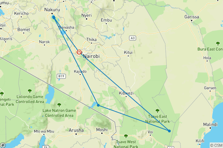 Karte von 6 Tage Wildlife Escape: Tsavo West, Amboseli, Lake Nakuru und Masai Mara