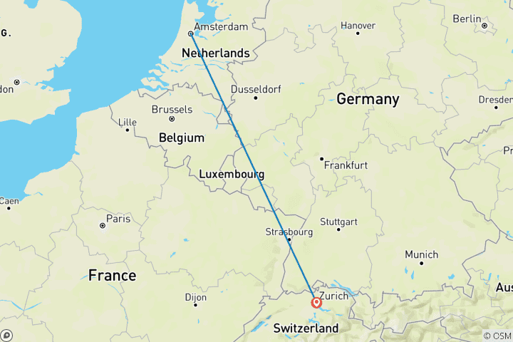 Carte du circuit 7 jours de train entre Amsterdam et Zurich