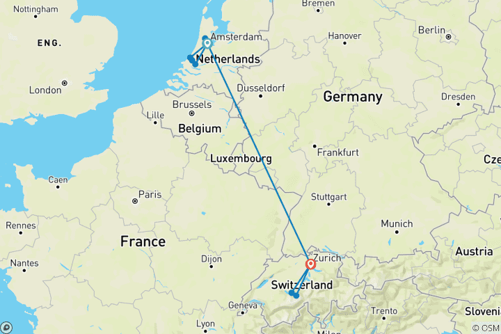 Carte du circuit 7 jours de train entre Amsterdam et Zurich
