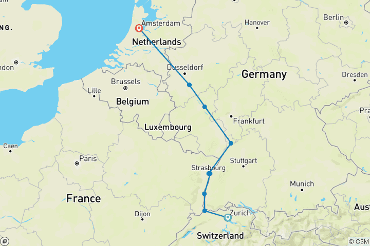 Map of Christmas Markets on the Rhine 2025 - 8 Days (from Zurich to Amsterdam)