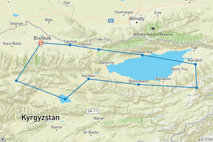 Map of 14 days tour in Kyrgyzstan