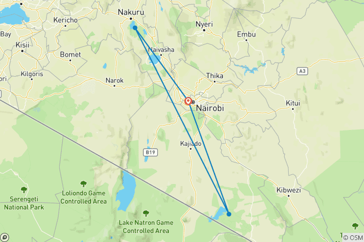 Karte von 6 Tage Expedition: Maasai Mara, Lake Nakuru & Amboseli