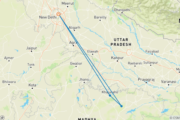 Map of Khajuraho Tour with Panna Tiger Safari and Raneh Falls