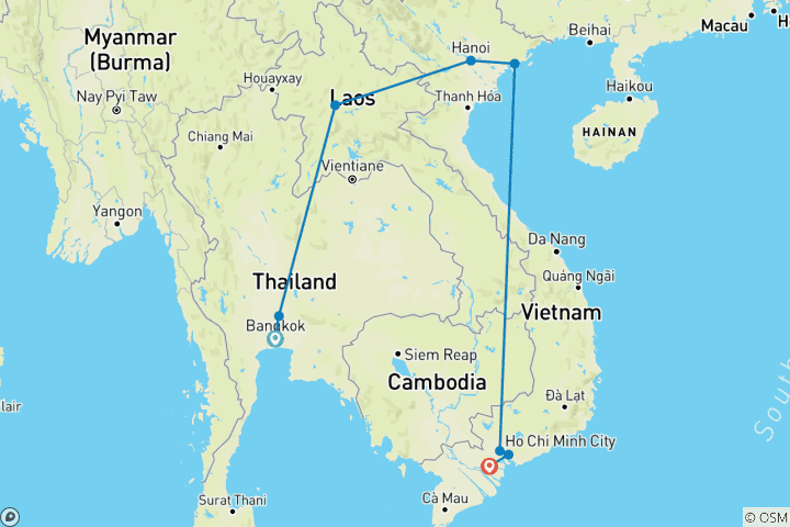 Carte du circuit Odyssée de l'Asie du Sud-Est : Thaïlande, Laos, Vietnam en 13 jours