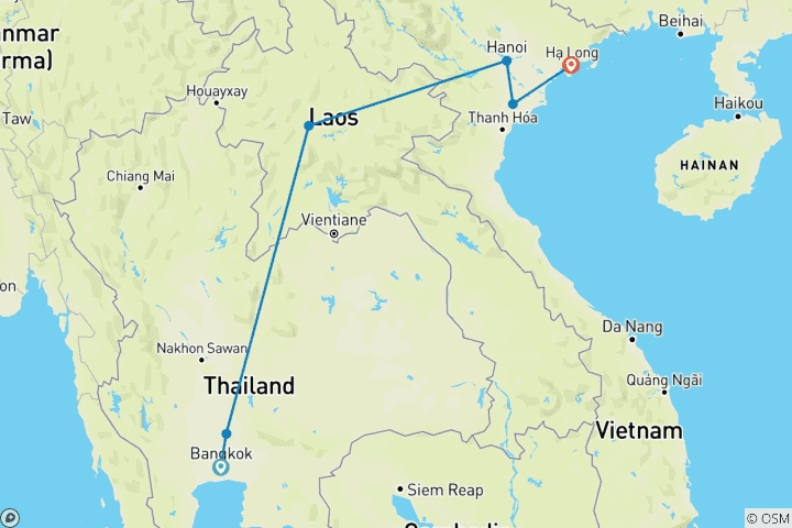 Mapa de Una experiencia única en el Sudeste Asiático: Tailandia Laos Vietnam en 12 días