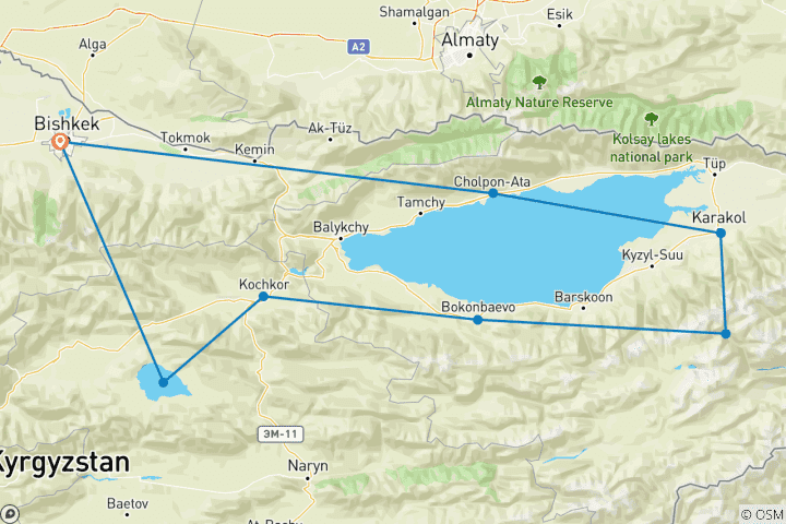 Map of 10 days 9 nights tour in Kyrgyzstan