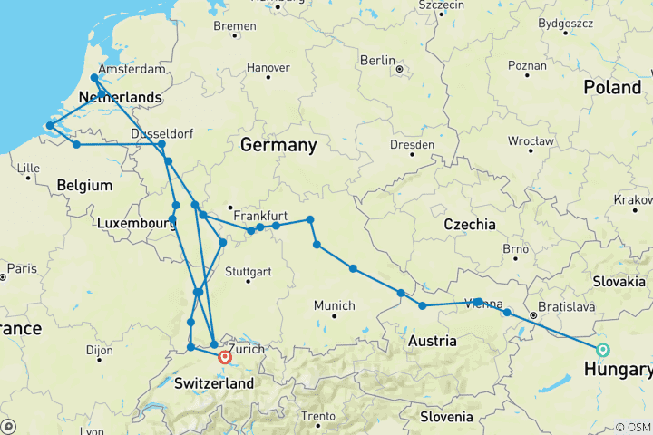 Map of Jewels of Europe & Romantic Rhine & Moselle 2026 - 29 Days (from Budapest to Zurich)