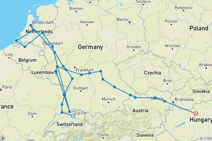 Map of Jewels of Europe & Romantic Rhine & Moselle 2026 - 29 Days (from Zurich to Budapest)