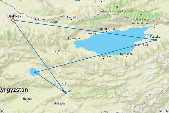 Map of 8 days 7 night, Issyk-Kul, Sary-Jaz, Altyn-Arashan, Oguz Bashi, Son-Kul