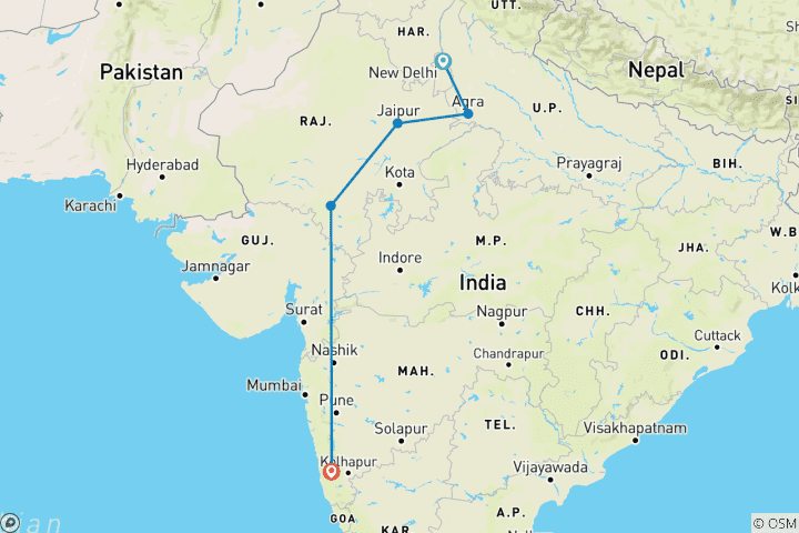 Karte von Goldenes Dreieck Tour mit Udaipur und Goa 11 Tage