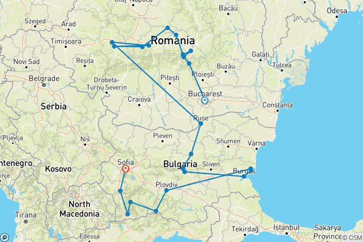 Map of The Best of Romania and Bulgaria – Self-drive Tour