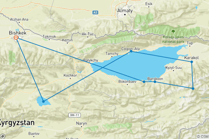 Kaart van 6 DAGEN ZOMERWANDELING KYRGYZSTAN, Son Kul, Issyk Kul, Altyn Arashan, Jeti Oguz