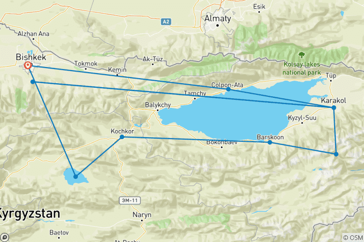Kaart van Mix Avontuurlijke Rondreis Kirgizië 8 Dagen 7 Nachten, Cholpon Ata, Altyn Arashan, Jeti Oguz, Barskoon, Kochkor, Moldo Ashu Pas, Son Kul, Kalmak Ashu Pas, Bishkek