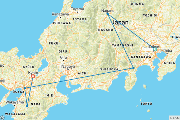 Kaart van Japan Avontuurlijke Reis vanuit Tokio: Kyoto | Nagano | Hakone | Osaka in 13 dagen