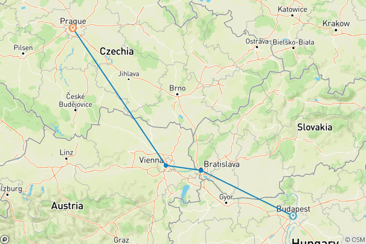 Map of Prague & Christmas Time on the Danube 2025|2026 - 7 Days (from Budapest to Prague)
