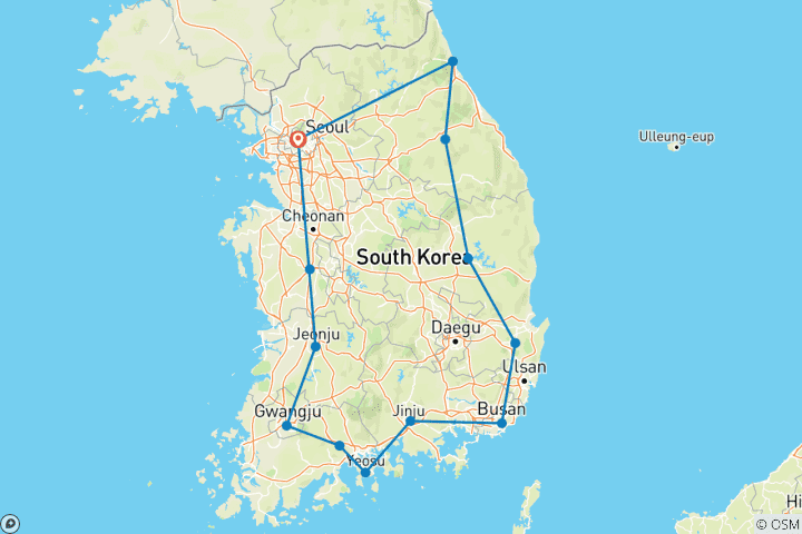 Carte du circuit Corée du Sud : Séoul, Gongju, Jeonju, Gwangju, Suncheon, Yeosu, Busan, Gyeongju - 5 jours