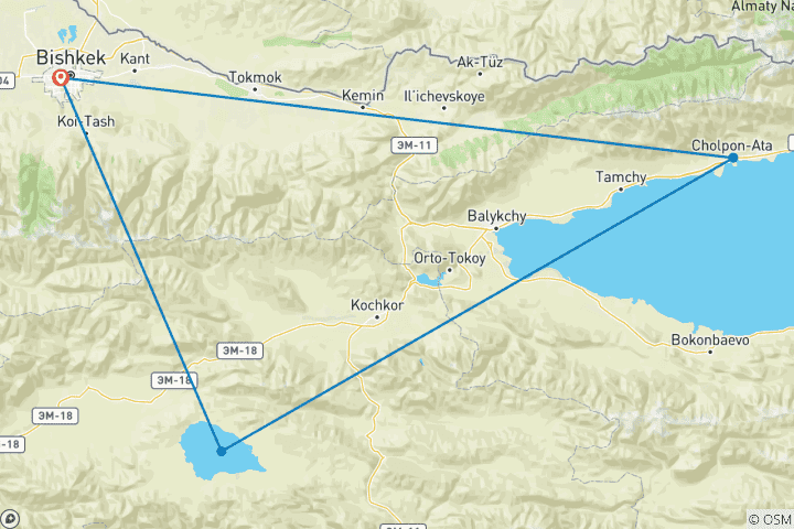 Map of 4-day Son-Kul and Issyk-Kul tour