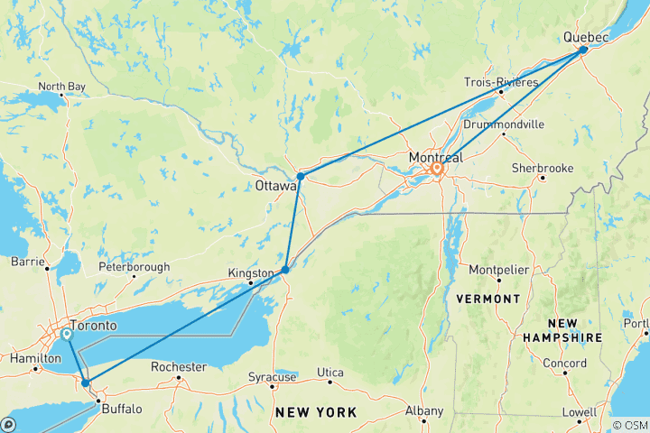 Carte du circuit Best of Eastern Canadian Cities featuring Niagara Falls, Ottawa, Quebec City & Montreal (Toronto, ON to Montreal, QC) (2026)