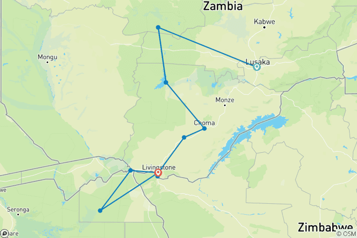Carte du circuit Expédition safari exceptionnelle de 11 jours : plaines de Busanga, Kafue, Mosi-oa-Tunya (Zambie), Chobe (Botswana) et les chutes Victoria (Zimbabwe).