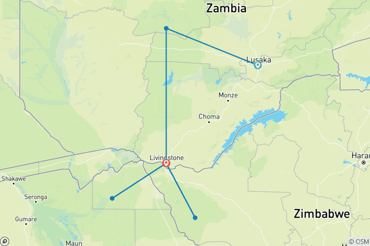 Map of 11- Days of Great Safari Expedition: Busanga Plains, Kafue, Mosi-oa-Tunya (Zambia), Chobe  (Botswana) and Hwange National Parks (Zimbabwe).