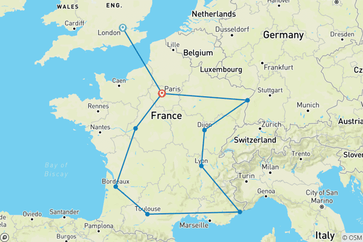 Map of 18 Day London And France By Train Including (London, Paris, Strasbourg, Dijon, Lyon, Bordeaux and more.)