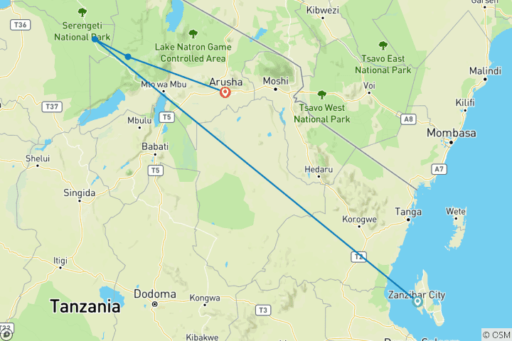 Map of 3-Day Fly in &out Zanzibar to Serengeti & Ngorongoro