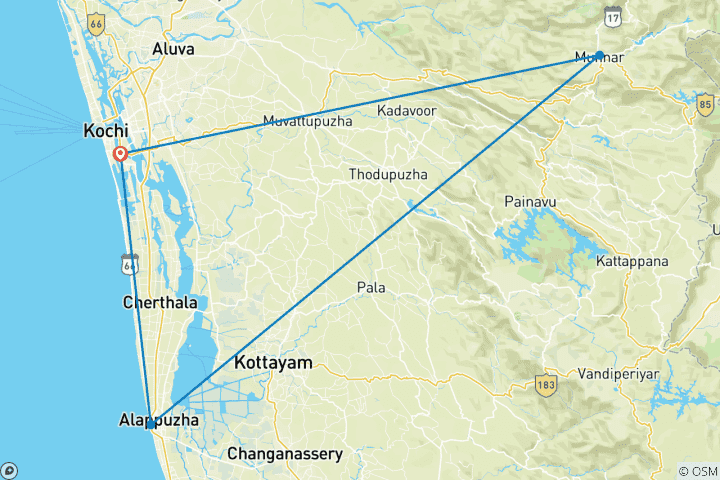 Carte du circuit Cochin : Visite privée de 4 jours de Munnar, Alleppey et Backwaters avec hôtel 4 étoiles