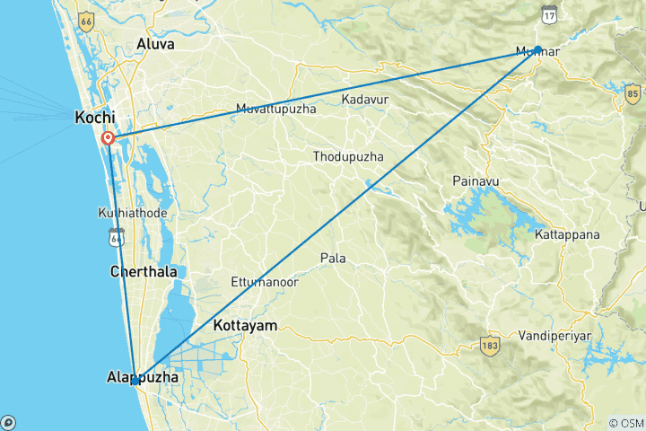 Mapa de Cochin: Excursión privada de 4 días a Munnar, Alleppey y Backwaters con hotel de 4 estrellas