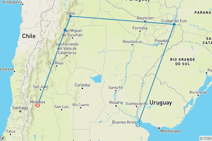 Mapa de Lo esencial de Argentina: Buenos Aires, Iguazú, Salta y Mendoza