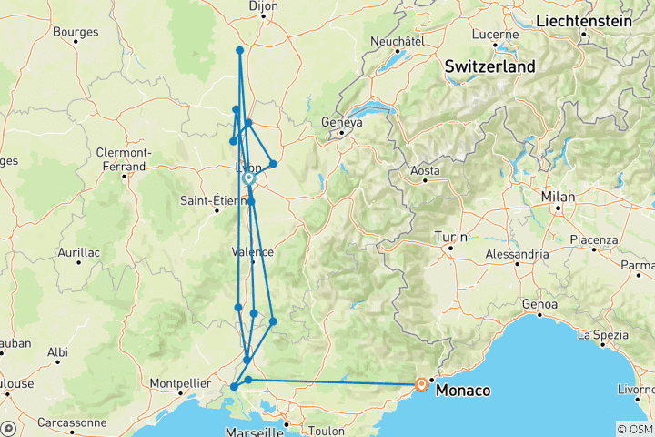 Map of Idyllic Rhône 2026 - 8 Days (from Lyon to Nice)