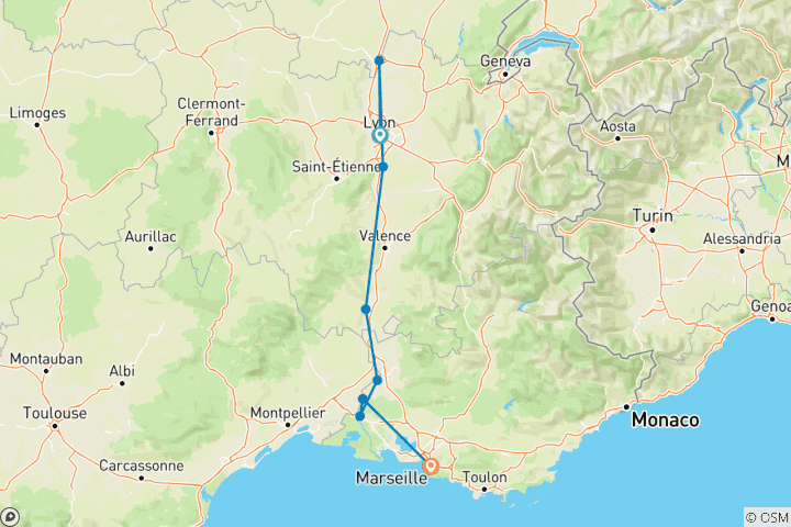 Mapa de Idílico Ródano 2026 - 8 Días (from Lyon to Marsella)