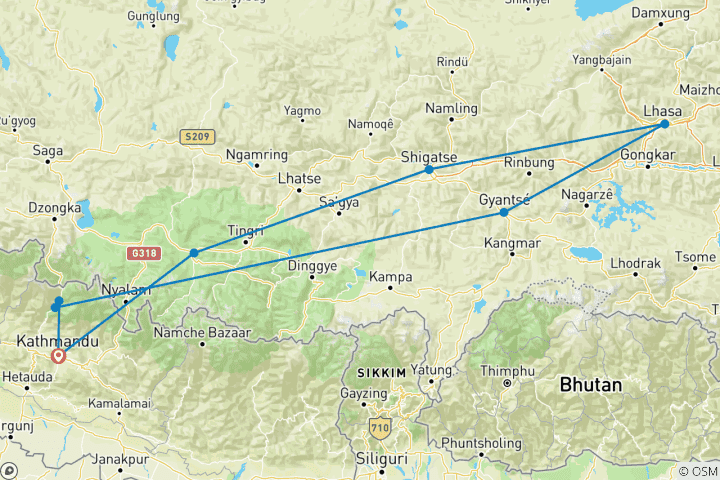 Map of Tibet Group Joining Tour -8 days