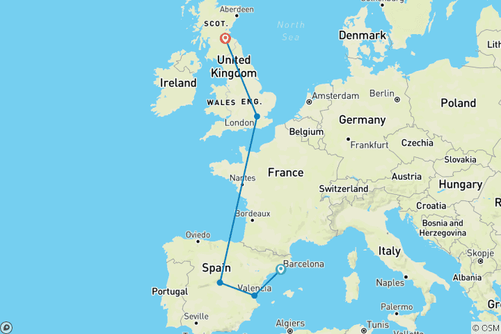 Carte du circuit 13 jours Barcelone, Valence, Madrid, Londres et Édimbourg.