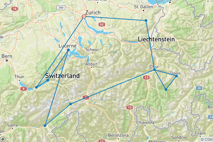 Karte von Grand Tour of Switzerland Explorer Geschichte und Kulturerbe - Gruppenreise zum Mitmachen