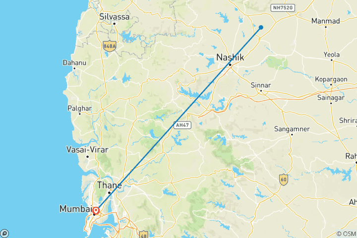 Kaart van Van Mumbai naar Nashik: tempels, wijngaarden en mooie routes