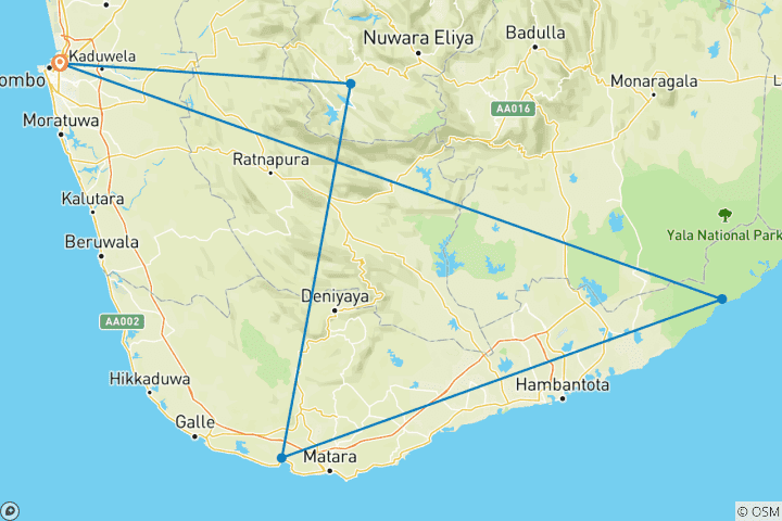 Map of 10 Day Sri Lanka Including Hatton, Weligama, Yala And Colombo