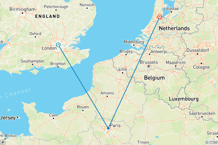 Mapa de Londres, París y Ámsterdam en 8 días