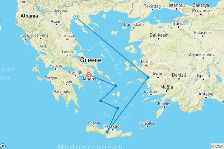 Mapa de Crucero de 8 días a Kusadasi, Creta, Santorini, Milos, Mykonos y Atenas desde Salónica