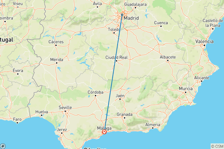 Karte von 7 Tage Madrid und Malaga mit dem Zug