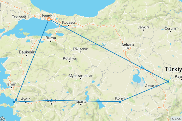 Kaart van 8-daagse privé-engelenvakantie in TURKIJE | Een driehoek vol wonderen | VIP-rondreis met gids