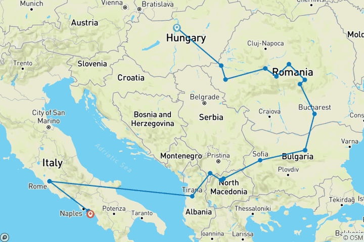 Carte du circuit IT - Circuit Europe, Balkans, Italie - Vol inclus De Budapest à Rome et Amalfi