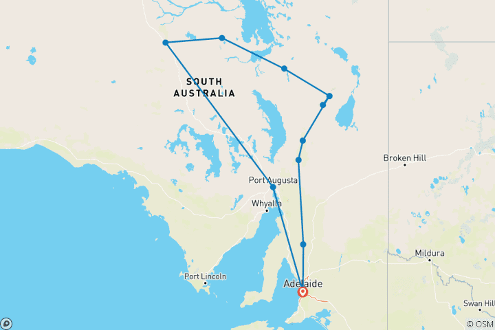 Karte von Südaustralien Outback Abenteuerreise (24 Destinationen)