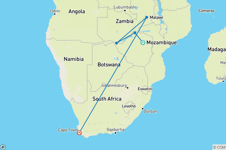 Map of The Perfect Blend of Luxury, Adventure, and Relaxation in Southern Africa 13 Days/12 Nights