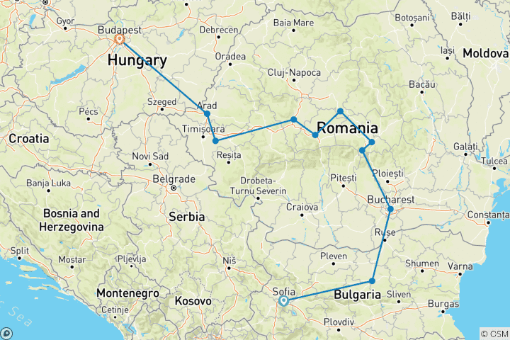 Kaart van 3 Europese hoofdsteden: Sofia, Boekarest & Boedapest