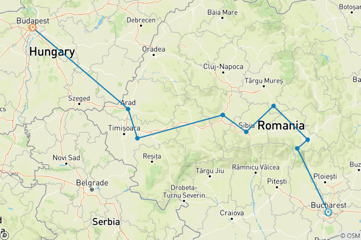 Map of Bucharest & Transylvania to Budapest